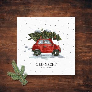 Driving home for... Weihnachtskarte quadratisch Auto mit Weihnachtsbaum